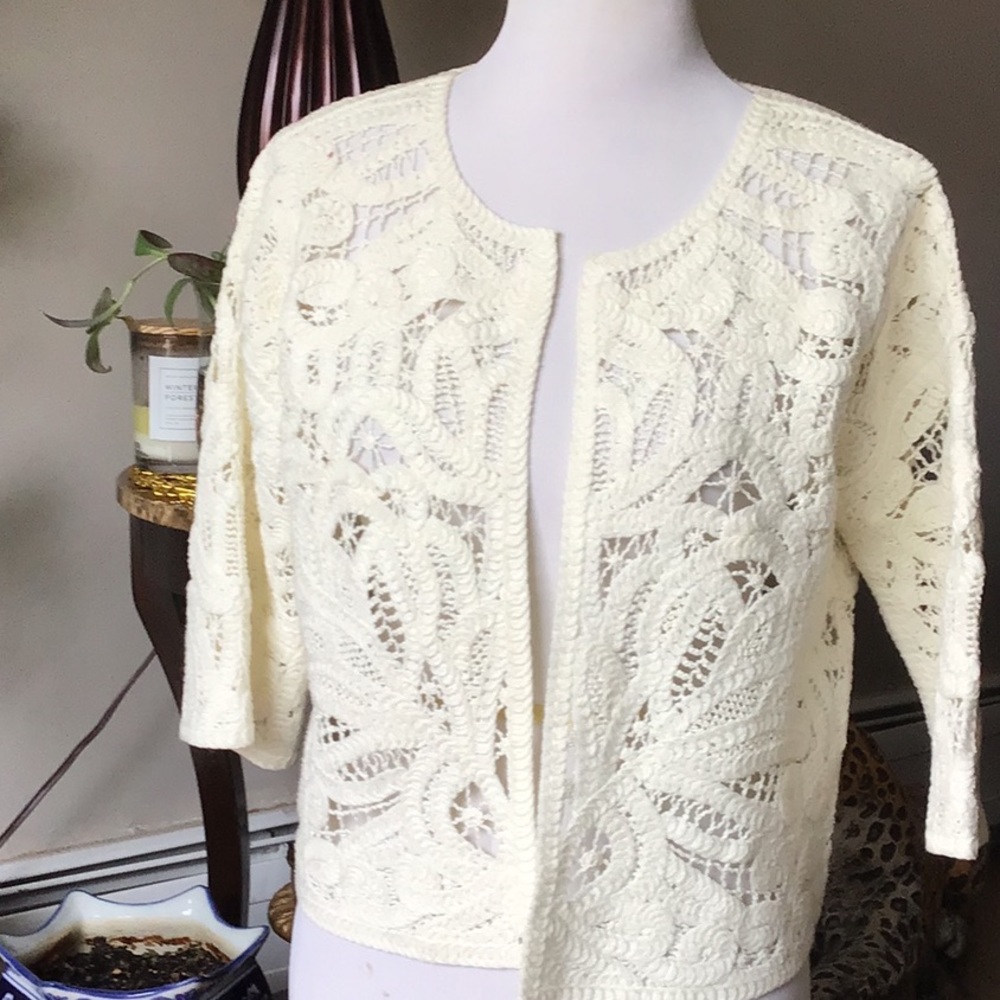 Anthropologie off white crochet cropped cardigan